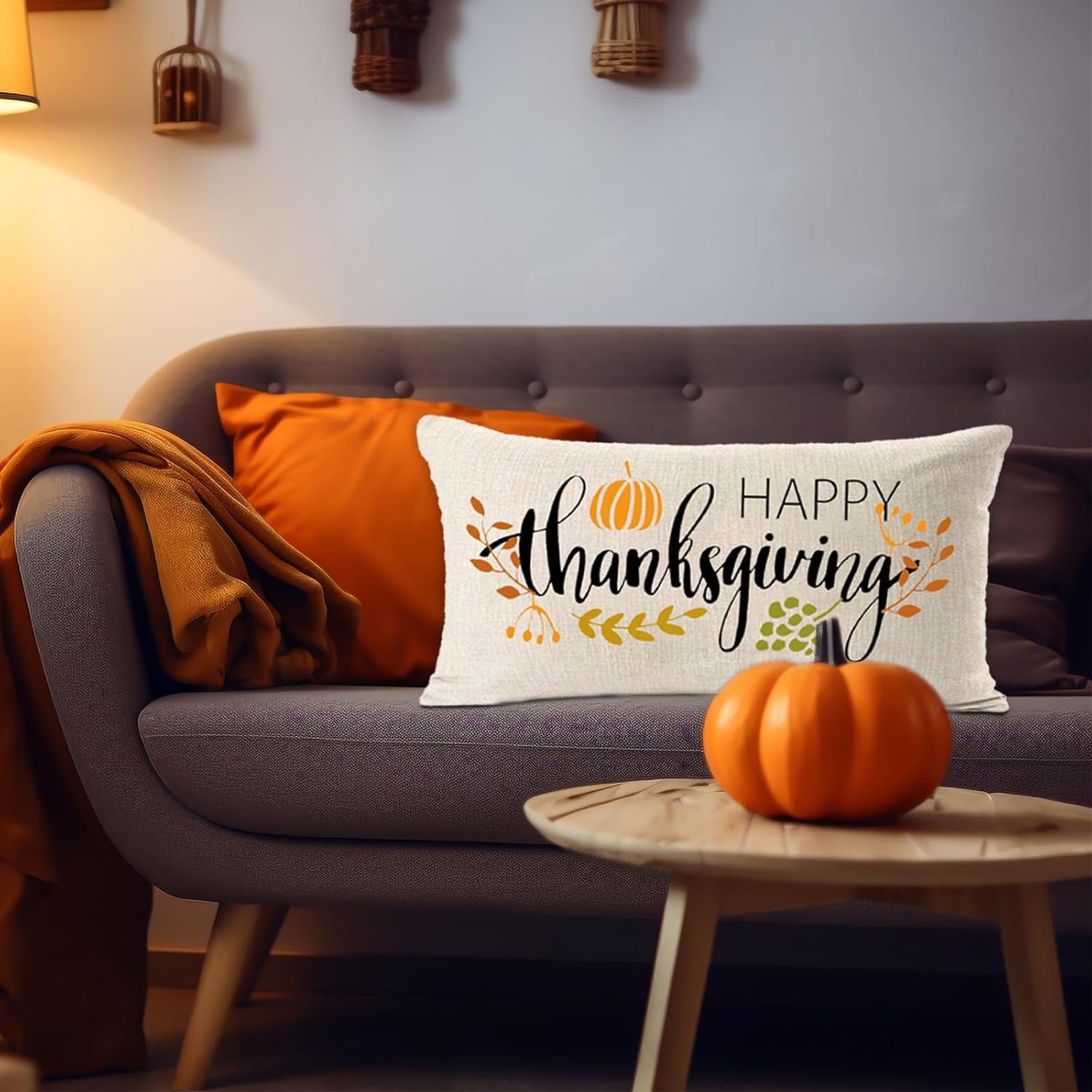 Thanksgiving Decorations Pillow Covers 12X20 Inch,Happy Thanksgiving Decor Thanksgiving Lumbar Pillow Farmhouse for Sofa