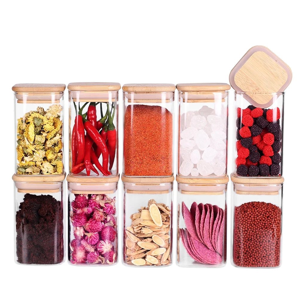 10 Pcs Glass Spice Jars 8Oz Clear Empty Square Food Storage Containers with Bamboo Airtight Lid and Labels - Thicken Small Glass Canister